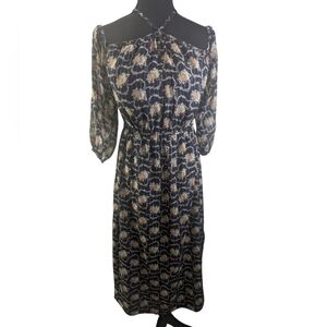 Club Monaco Navy Floral Off Shoulder Long Sleeve Dress Silk Midi Size 2